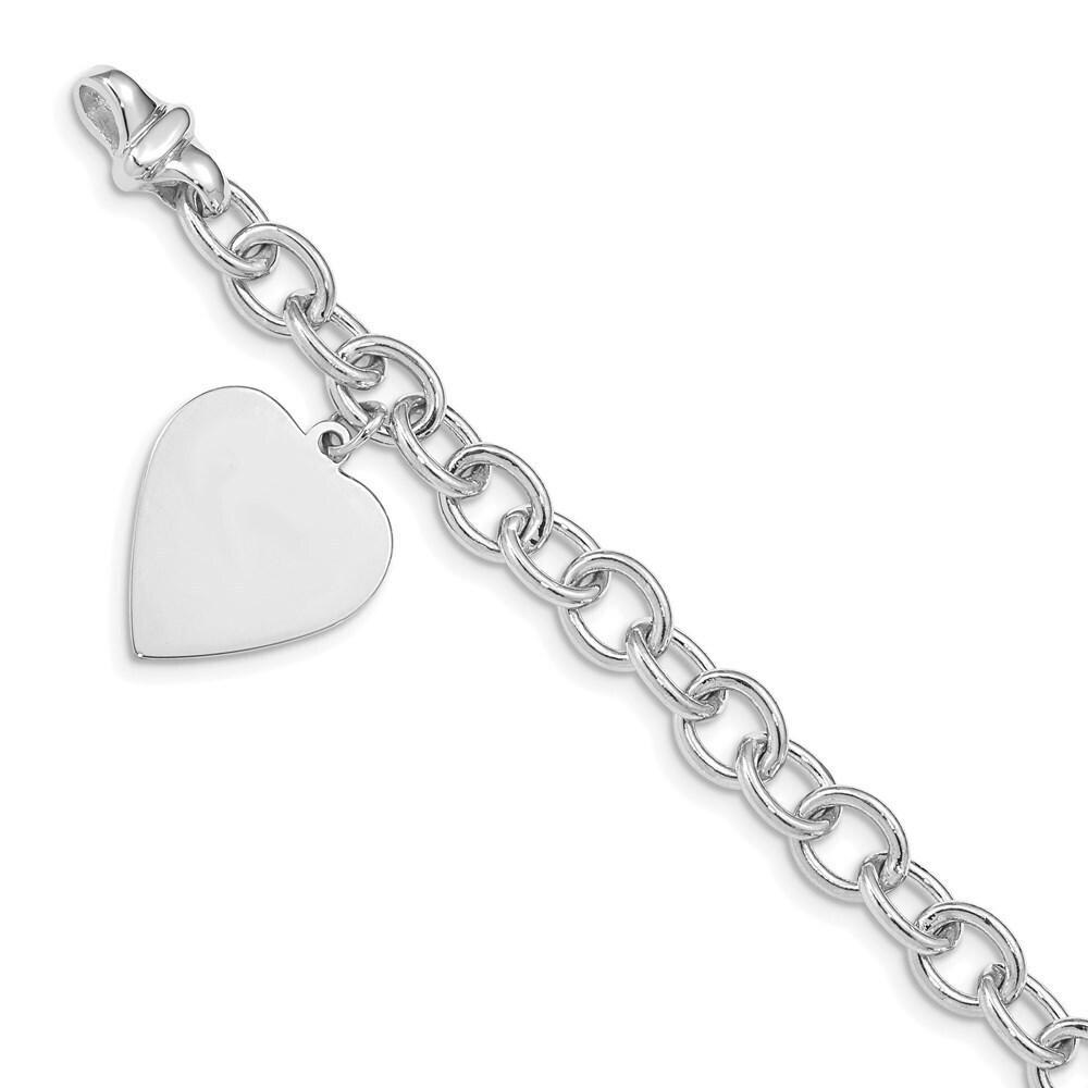14k White Gold 8.5in Polished Engravable Link With Heart Charm Bracelet